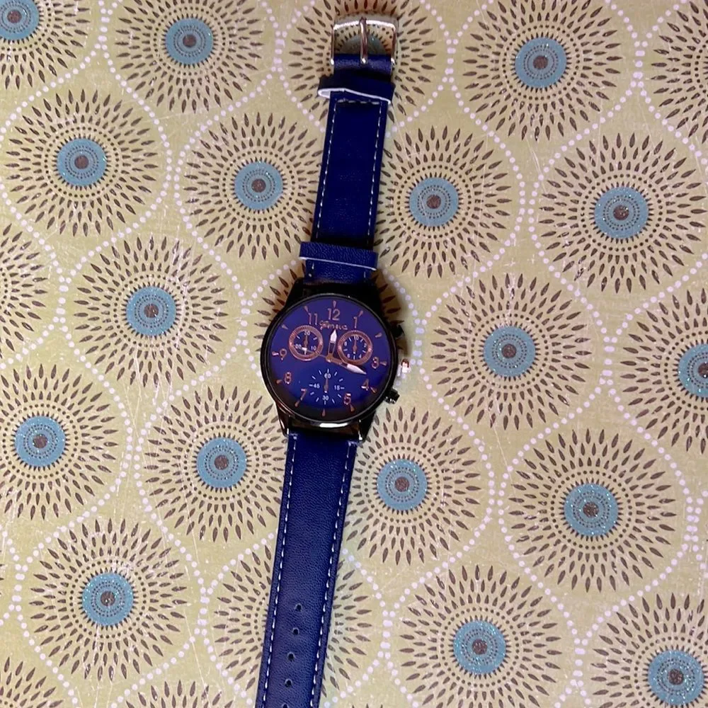 Casual Navy Blue Leather Quartz Watch